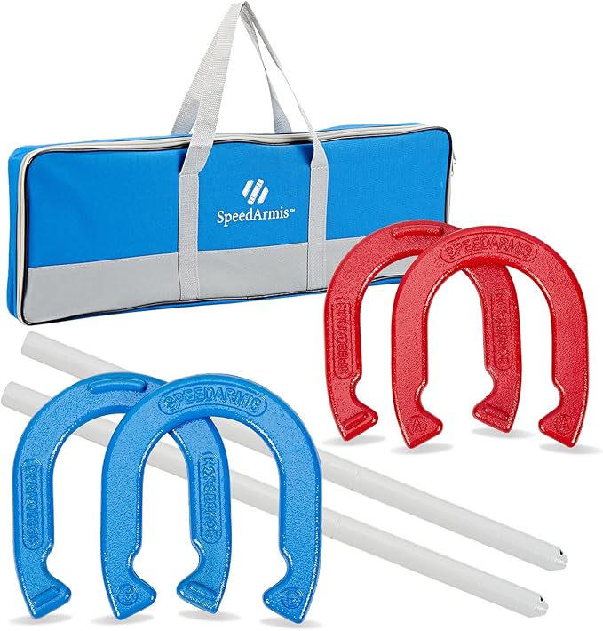 Horseshoes Outside Game Set - Universal Size Lawn Horseshoes Outdoor Games for Parties Beach Backyard, Includes 4 Horseshoes, 2 Steel Stakes and Durable Carrying Bag