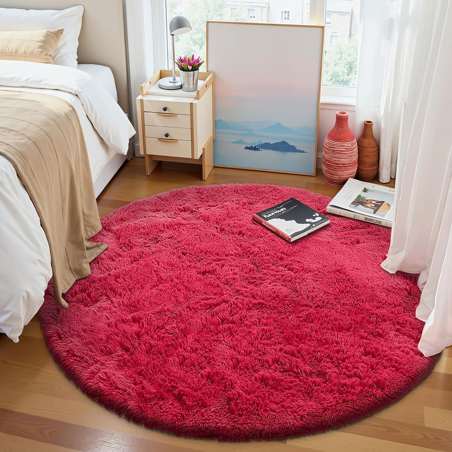 OLANLY Red Round Rug - Soft, Fluffy Shaggy Carpet | 5 ft Machine Washable Area Rug for Bedroom & Living Room