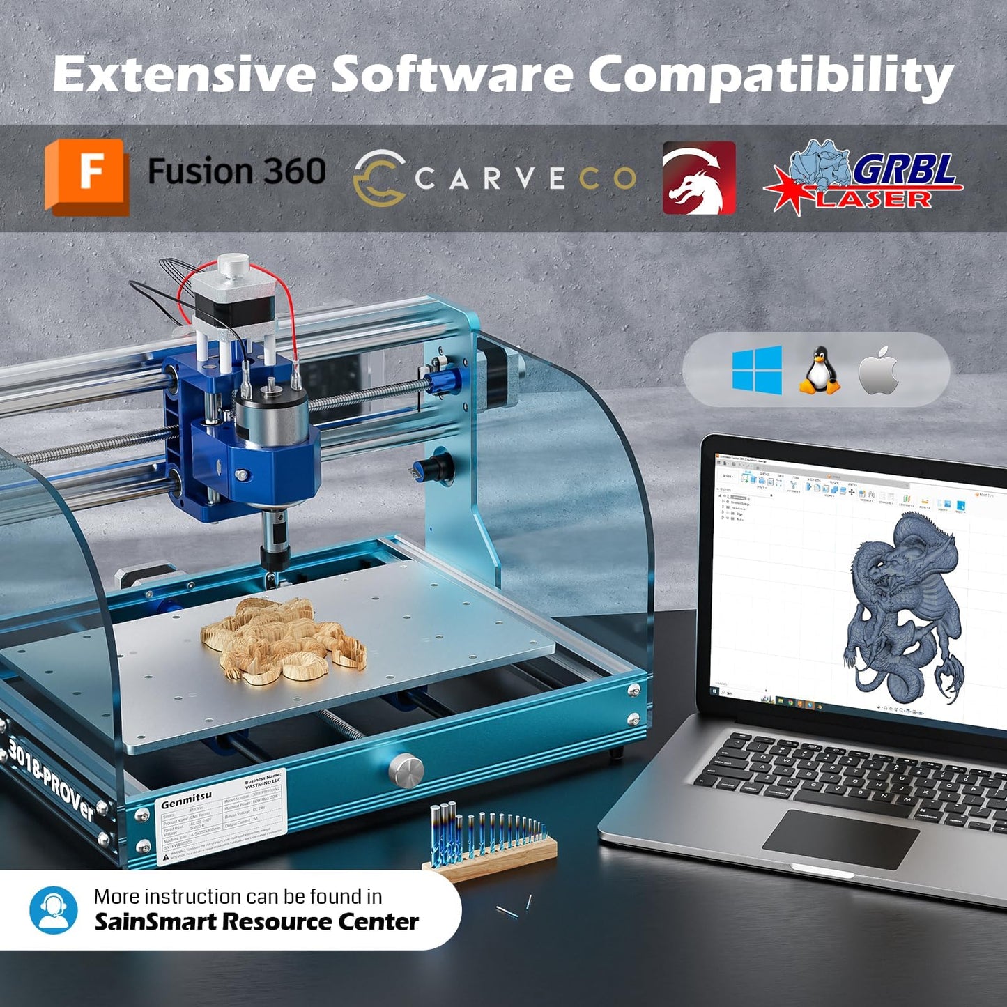 Genmitsu 3018-PROVer V2 CNC Milling Machine for Beginner + KABA Lite Enclosure PETG Box Kit, 450 x 390 x 300 mm