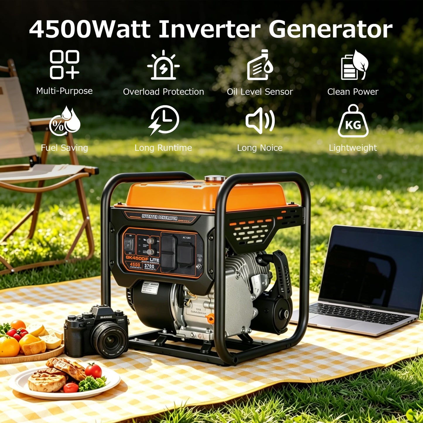 Genkins 4500 Watt Open Frame Inverter Generator 30 Amp Pure Sine Wave Noise Reduced 50% 56lbs EPA complied Gas Powered