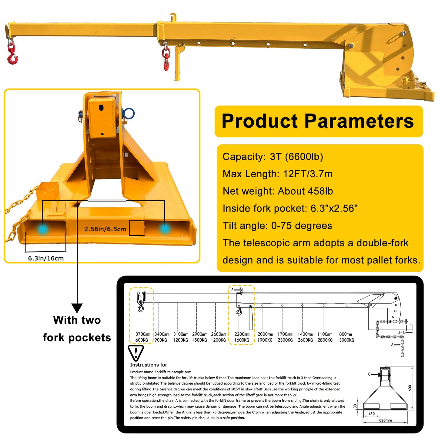 HayWHNKN 3T Forklift Telescopic Jib Boom Forklift Mobile Crane with 0-75° Adjustable Tilt Angle, 7-12ft Extension, 2 Hooks, Heavy-Duty Lifting Hoist Towing Handling for Warehouse Construction Factory