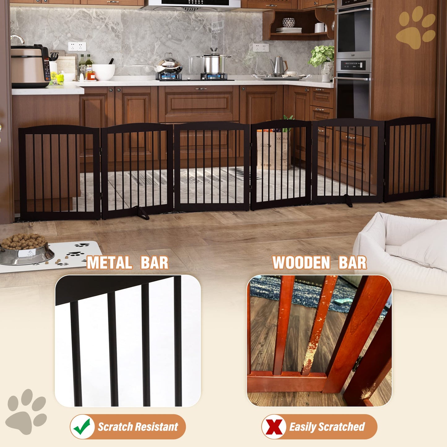 PUPETPO Freestanding Pet Gate for Dogs, Foldable Wooden Dog Gate for House, Extra Wide Indoor Pet Barrier for Stair, Doorway, Hall, Support Feet Included, 120 Inch Wide, 6 Panels 24", Brown