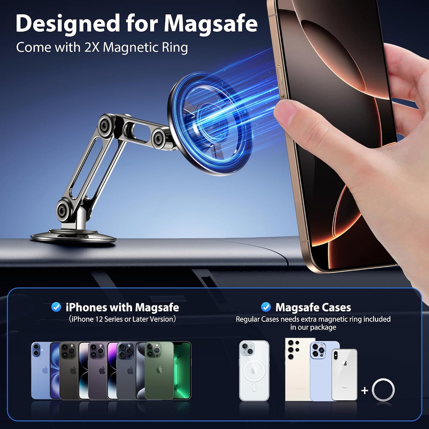 BPTAKOO 360 Ultra Magnetic Long-Arm Phone Holder Stand, Fits for MagSafe Car Mount BracketWindshield+Vent+Dash