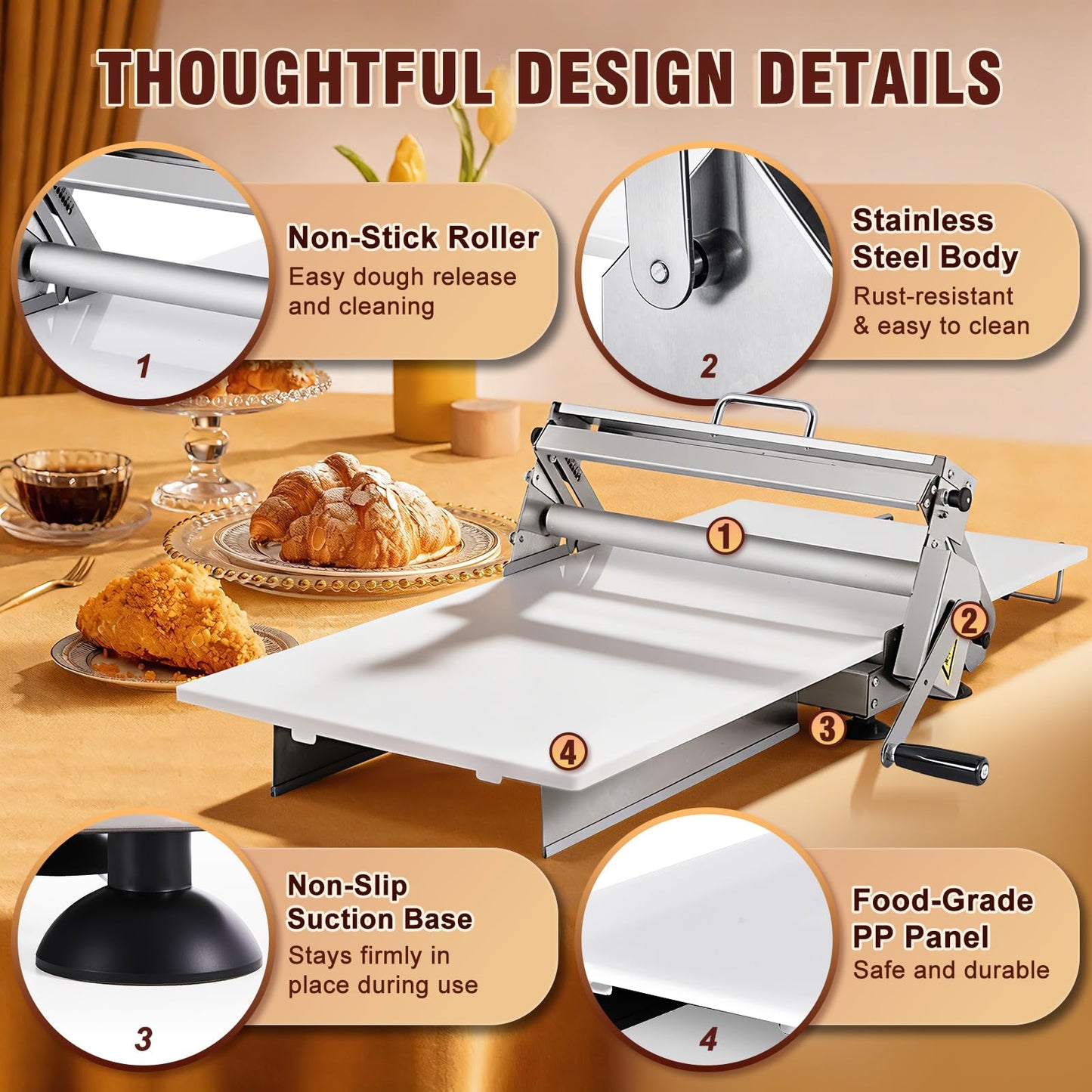Folding Dough Sheeter 15.5" Manual Dough Roller Machine Croissant Dough Laminator Thickness Adjustable Suitable for Pizza, Croissants, Puff Pastry, Pasta Stainless Steel