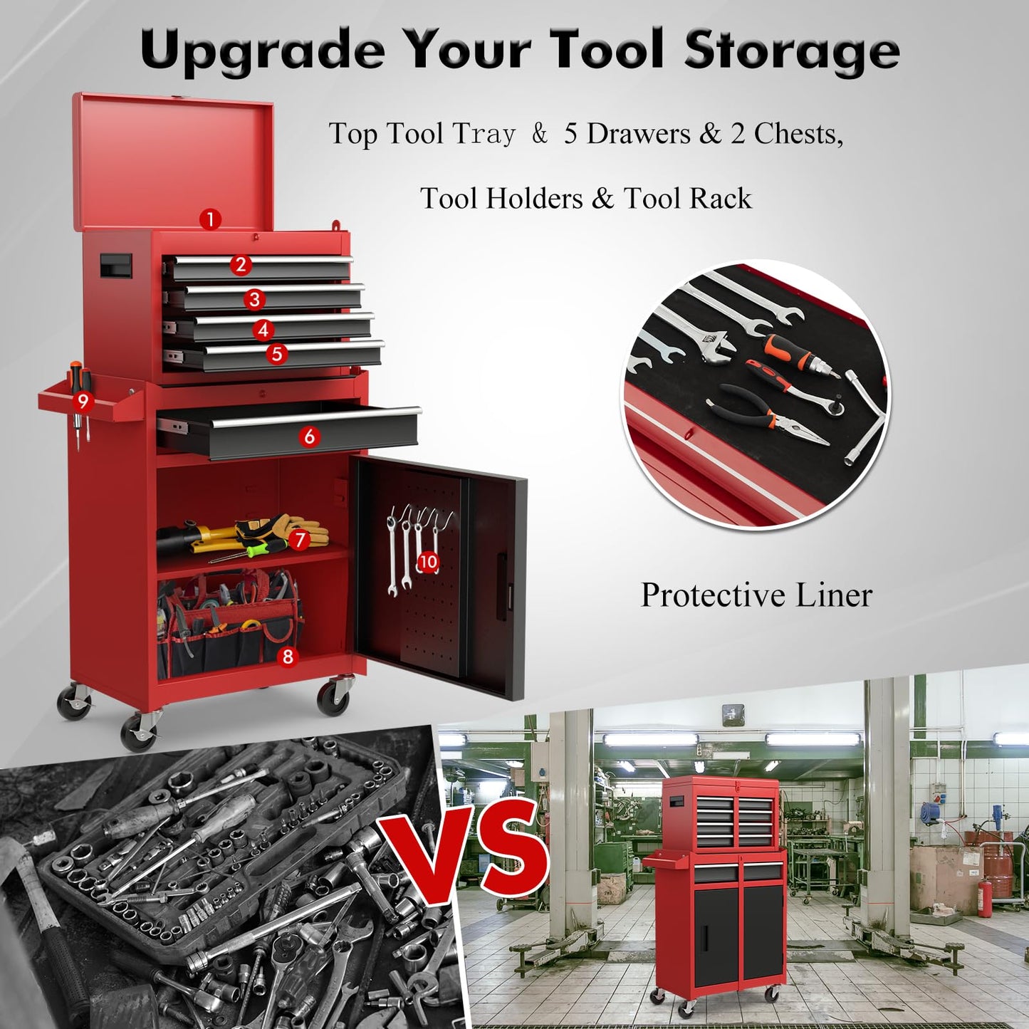 Goplus Rolling Tool Chest, 5-Drawer Tool Box Organizer w/Lockable Wheels & Sliding Drawers & Detachable Top & Adjustable Shelf, Tool Storage Cabinet for Garage Workshop (Red+Black)