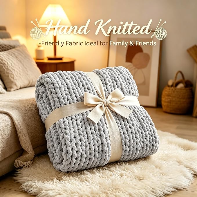 Admitrack Chunky Knit Blanket Throw, 100% Hand Knit Chenille Throw Blanket for Sofa & Home Decor, Soft and Cozy Knitted Throw Blankets (Light Gray，51"x63")