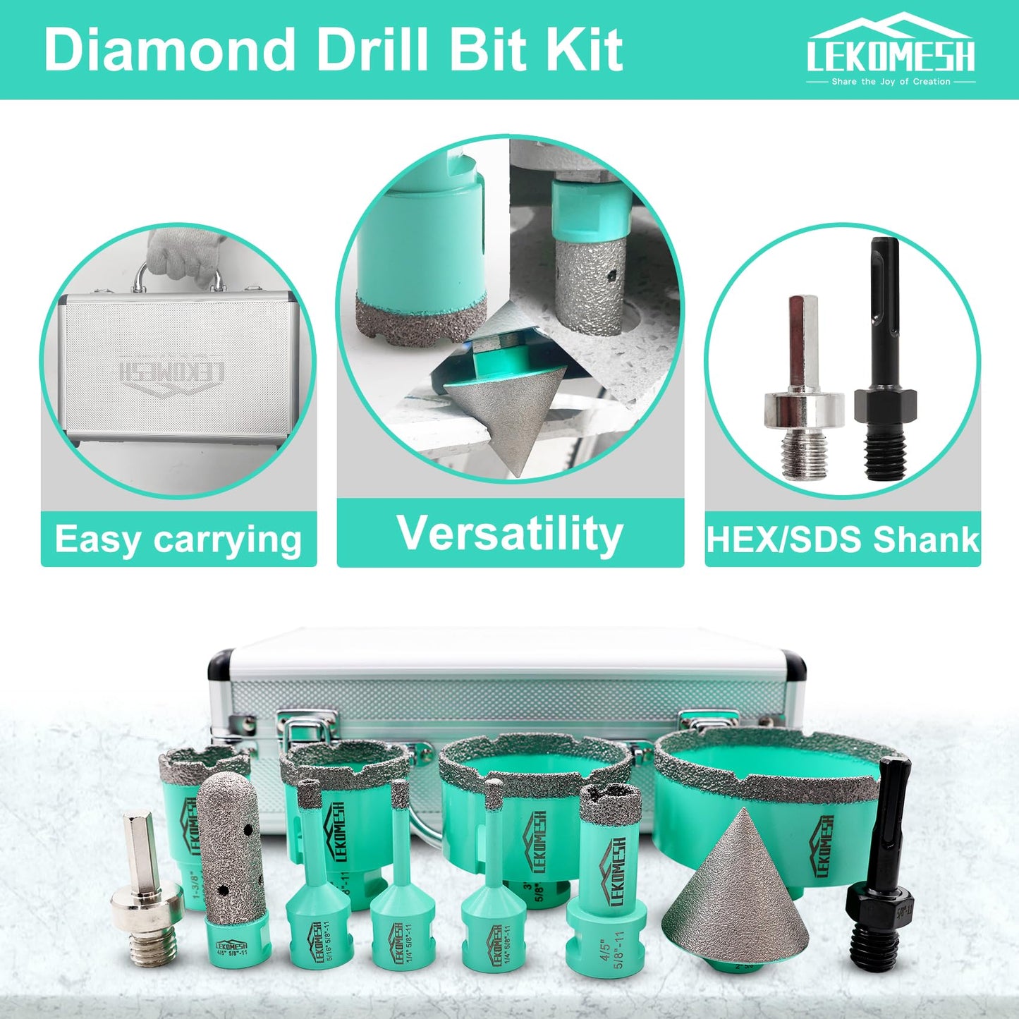 Tile Hole Saw Kit Diamond - LEKOMESH 6-100mm Diamond Core Drill Bits Set with 20mm Finger & 50mm Chamfer Bit & SDS/HEX Adapter for Porcelain Ceramic Marble Concrete Brick, 5/8"-11 Thread