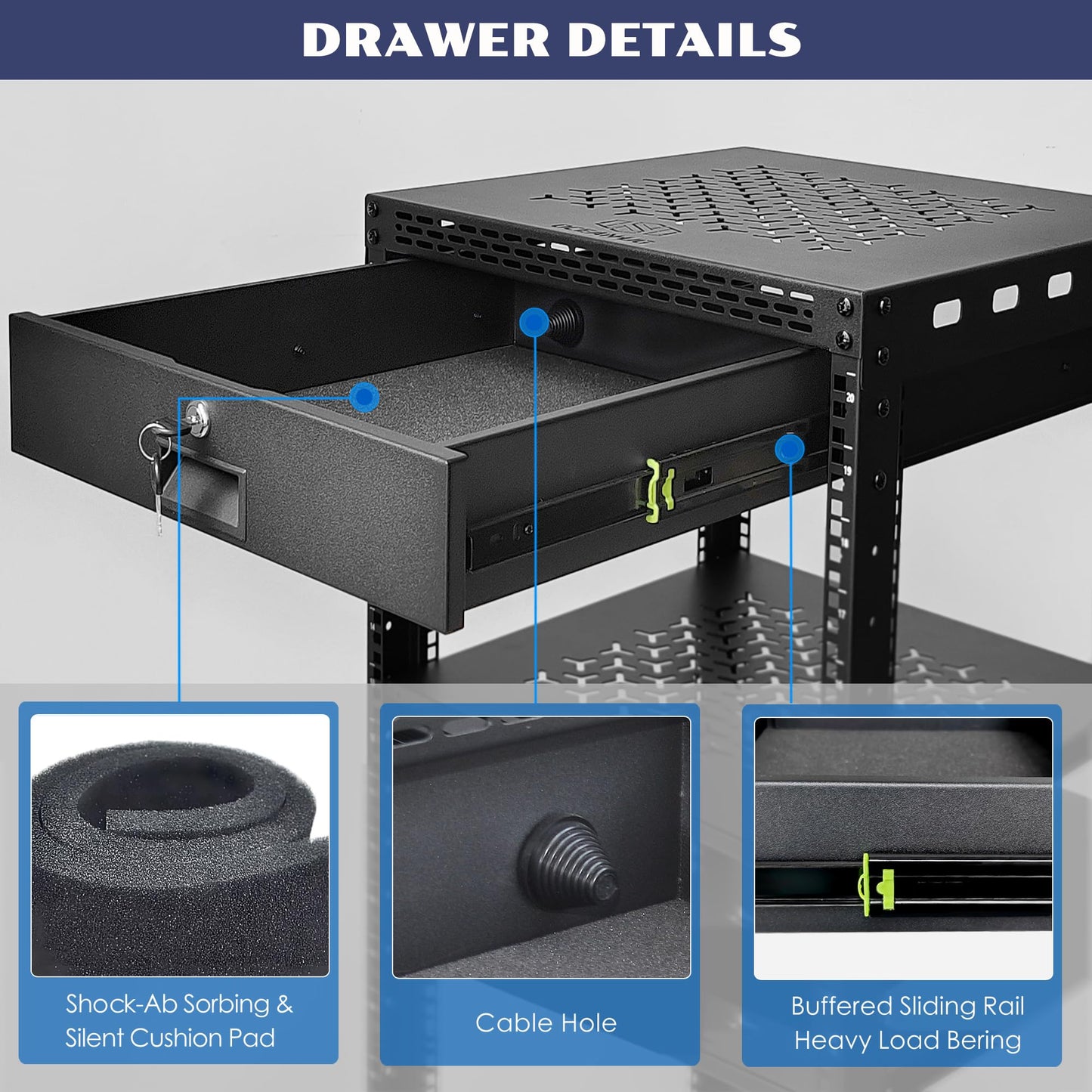 OCEANHUG 16U Server Rack Cabinet with Drawer & Full Size Rack Shelf - Integrated Top/Bottom Panels, 4 Rolling Wheels for 19" Equipment & Home Lab Studio