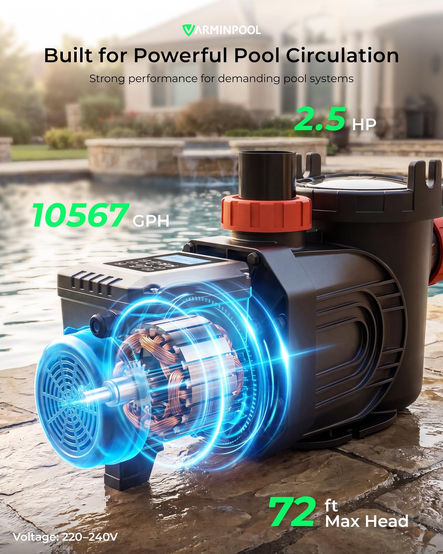 VARMINPOOL Variable Speed Pool Pump Inground, 2.5HP, 10567GPH High Flow Energy Efficient Pool Pump for Above Ground Pool, Programmable Timer, Rain Cover, 220V, Large Filter Basket