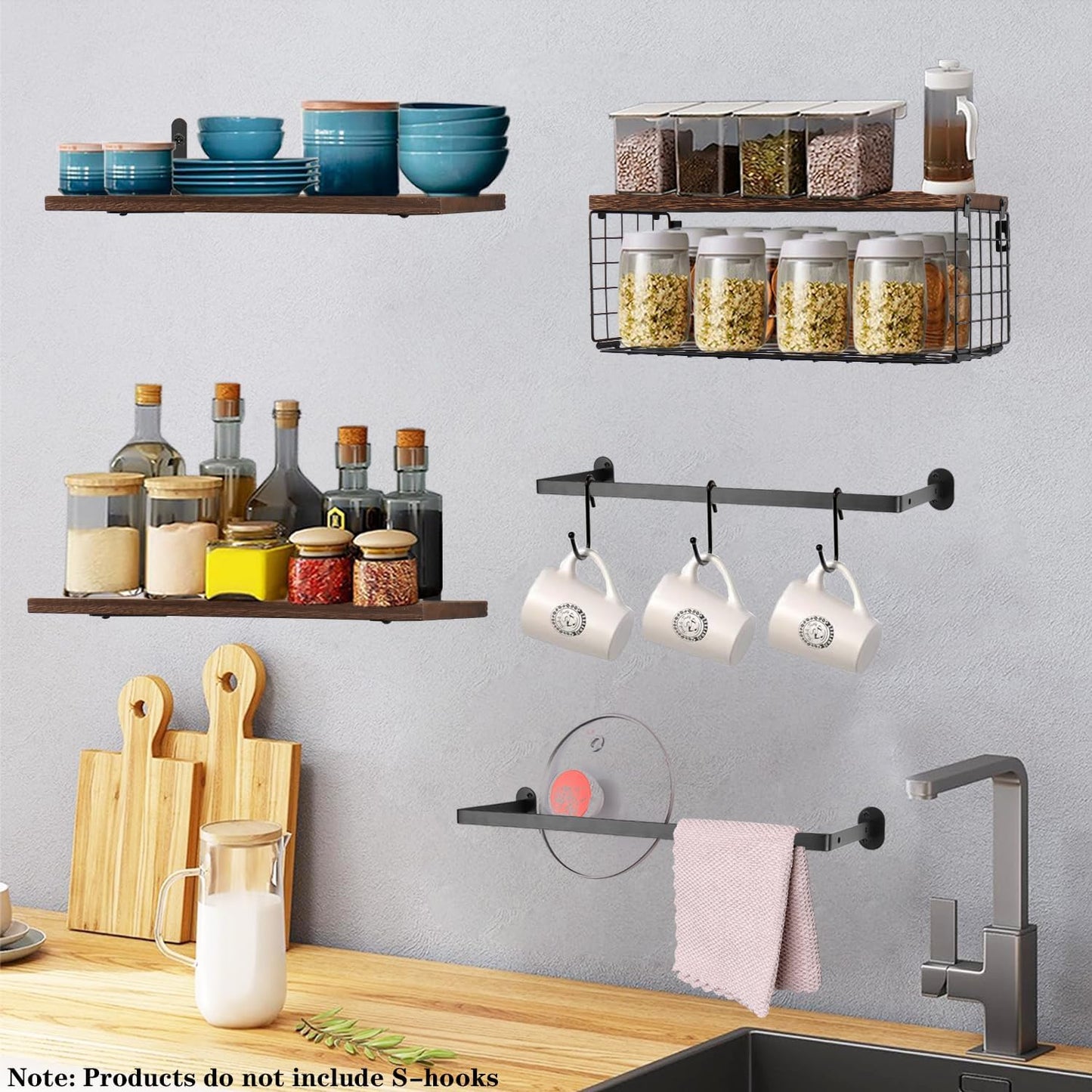 Regine Switzerland Floating Shelves - Wall Mounted Bathroom Organizer with Storage Basket & Towel Rack | Dark Brown, Set of 4, 16 in