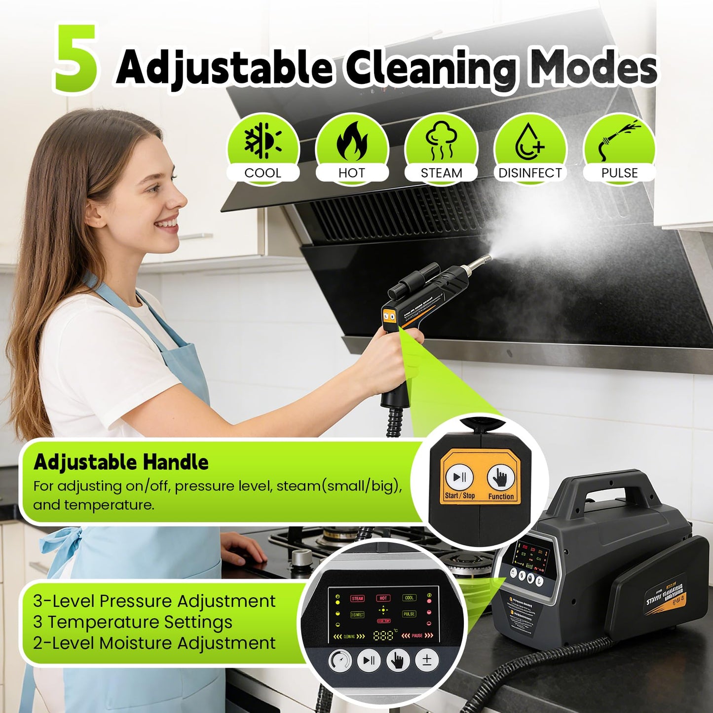 2200W High Pressure Steam Cleaner, Portable Steamer for Cleaning, 5 Cleaning Modes, 30s Fast Heating, 120V, Multi-Purpose Steam Cleaner for Home, HVAC, Grout, Car Detailing, Floor, Upholstery