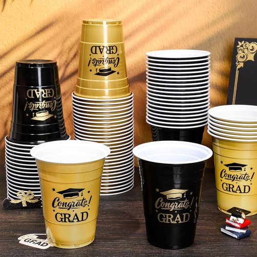 FYSUIMU 16Oz Graduation Cups - 100Pcs Gold & Black Disposable Drinking Cups for Party Supplies