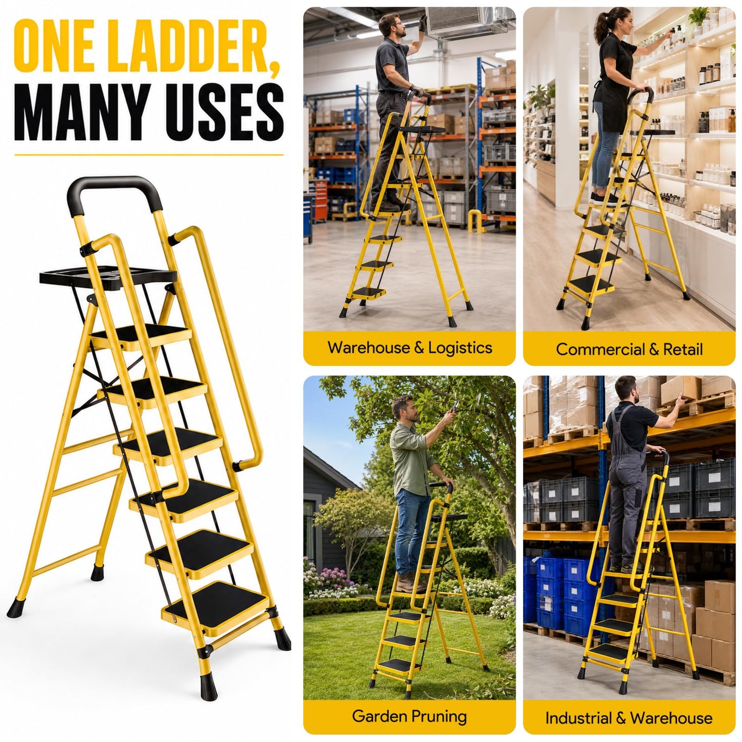 6 Step Ladder with Platform, 330 Lbs Load Heavy Steel Duty Step Ladders, Portable Safety Step Stool with Pedals, Handrail, for Multi-Purpose, Home, Kitchen