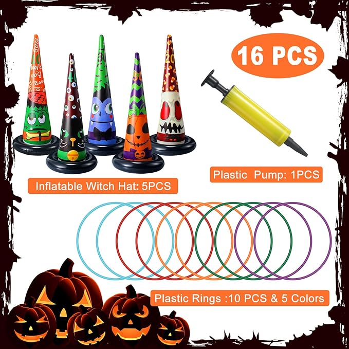 Capoda 16 Pcs Halloween Party Games Toys Inflatable Witch Hat Ring Toss Game with Plastic Toss Rings and Pump Halloween Indoor Outdoor Garden Game Supplies for Trick or Treat Family Games Decorations