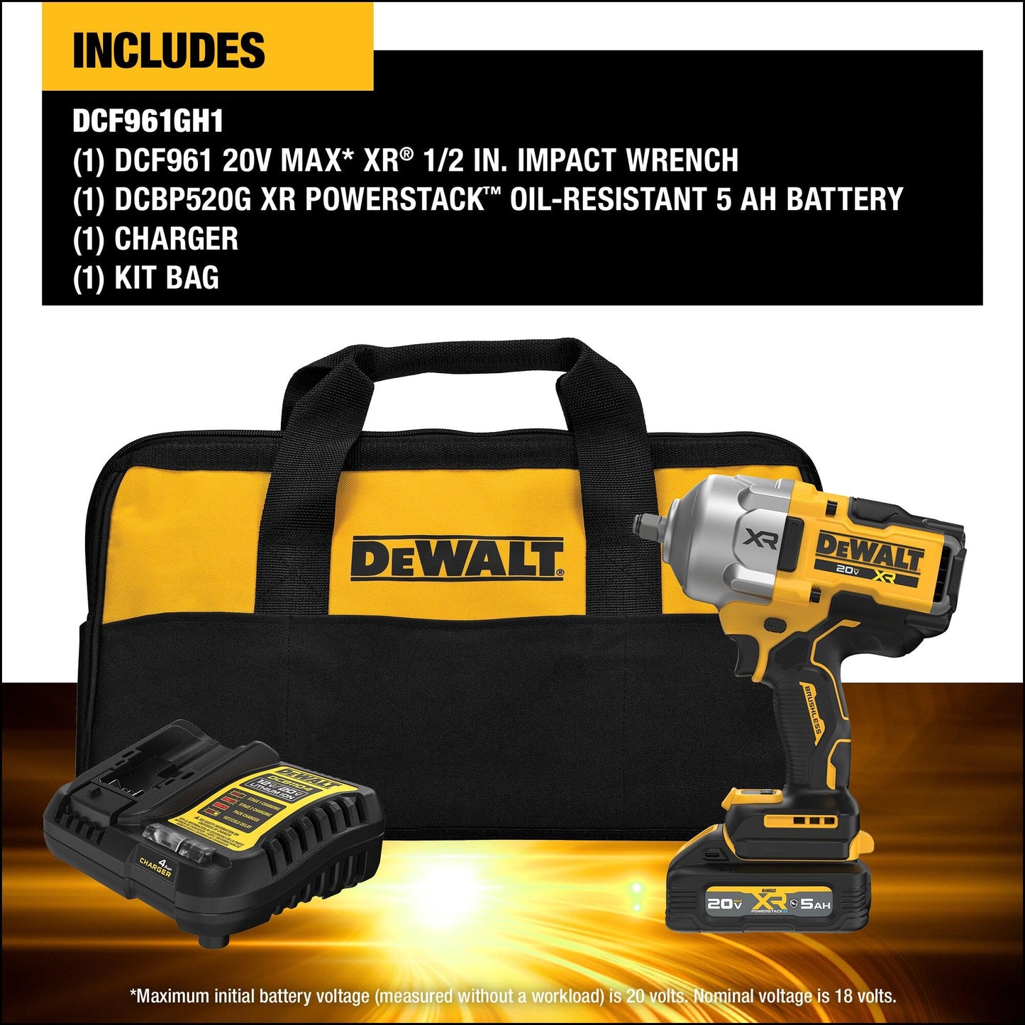 DEWALT 20V MAX XR Cordless Impact Wrench Kit, 1/2” Hog Ring, High Torque, Brushless, Includes POWERSTACK Battery and Charger (DCF961GH1)