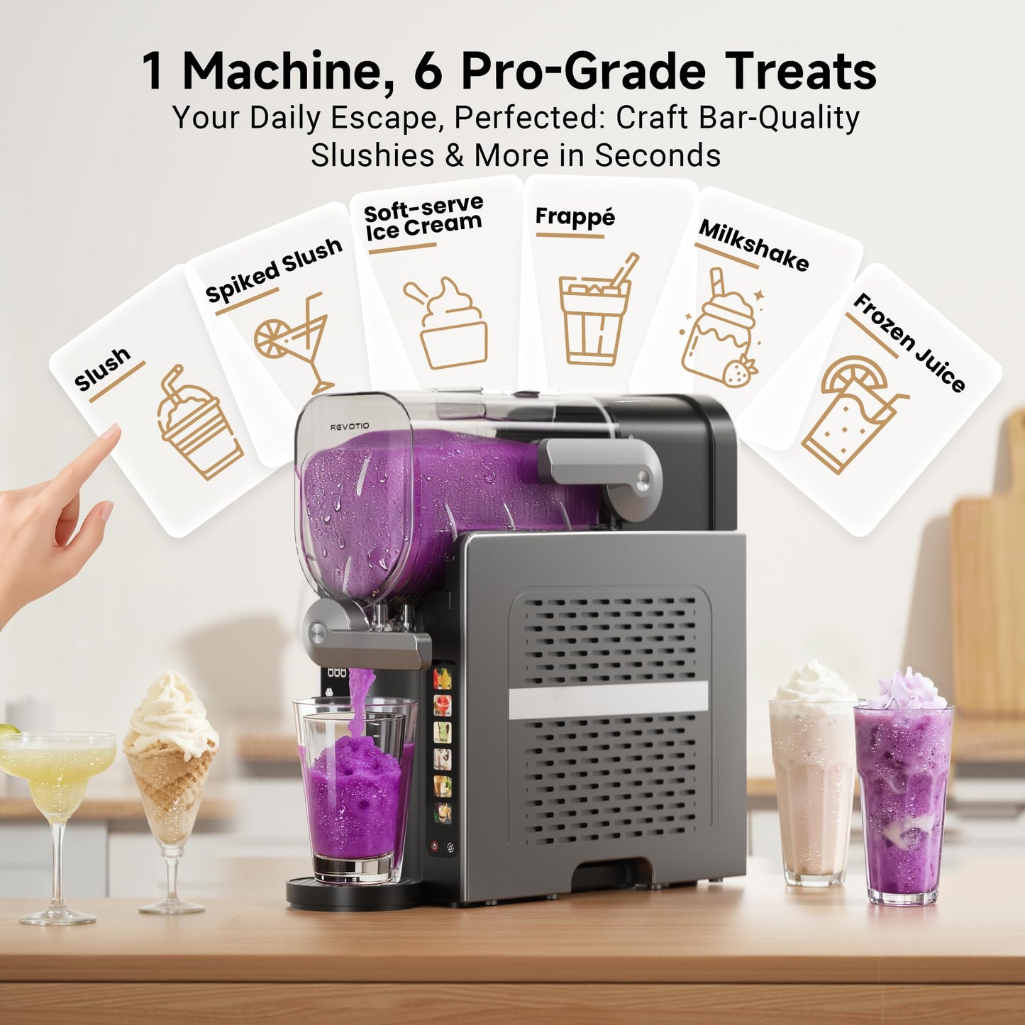 REVOTIO Slushie Machine for Home, 88 oz Slushy Machine, No Ice Needed Frozen Drink Maker with 6 Presets, Quiet, Auto-Clean, LED Display, Black, Perfect for Margaritas, Frappés, Milkshakes and More