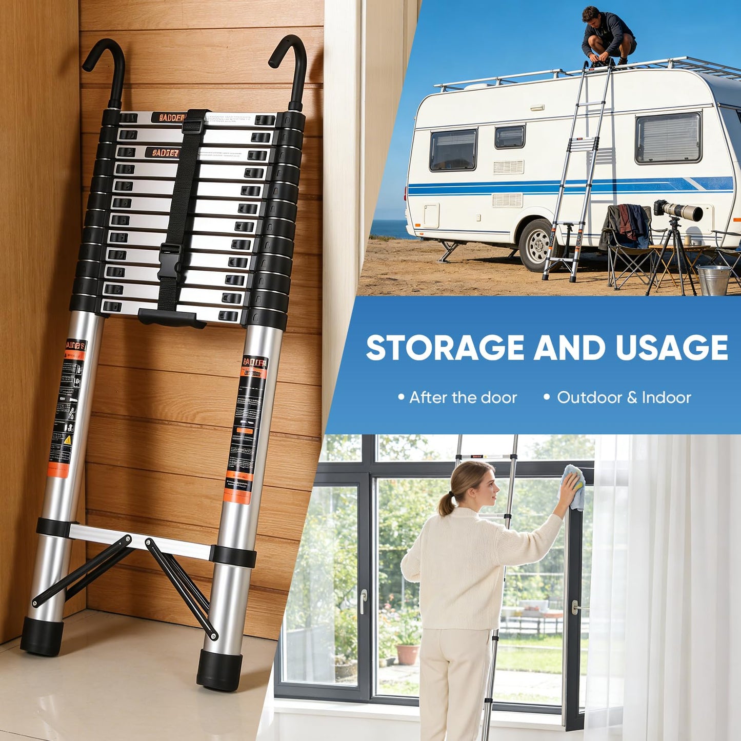 Telescoping Ladder – 16.5 ft Extension Ladder with Hooks, Multi-Position Collapsible Ladder, RV Ladder with Hooks, Heavy Duty (330 lbs), for Home Roofs and Attics