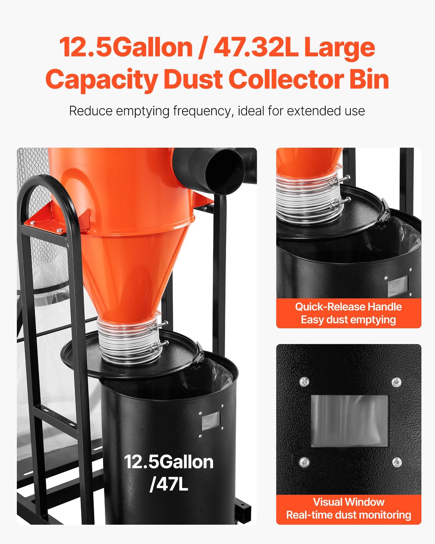 VEVOR Dust Collector, 763 CFM 1 Micron Cyclone Dust Collector, 1.5HP Dusts Collection System with 12.5-Gallon Dust Collector Bag & Base Stand, Smart Cyclone Separation, Dusts Separator for Woodworking