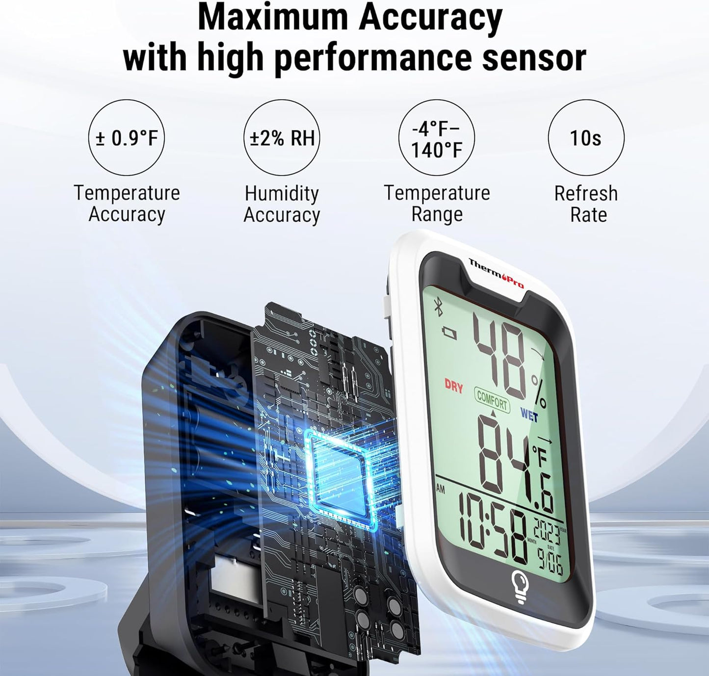 ThermoPro TP358 Bluetooth Thermometer - Smart Temperature & Humidity Sensor with Clock | 260Ft Range