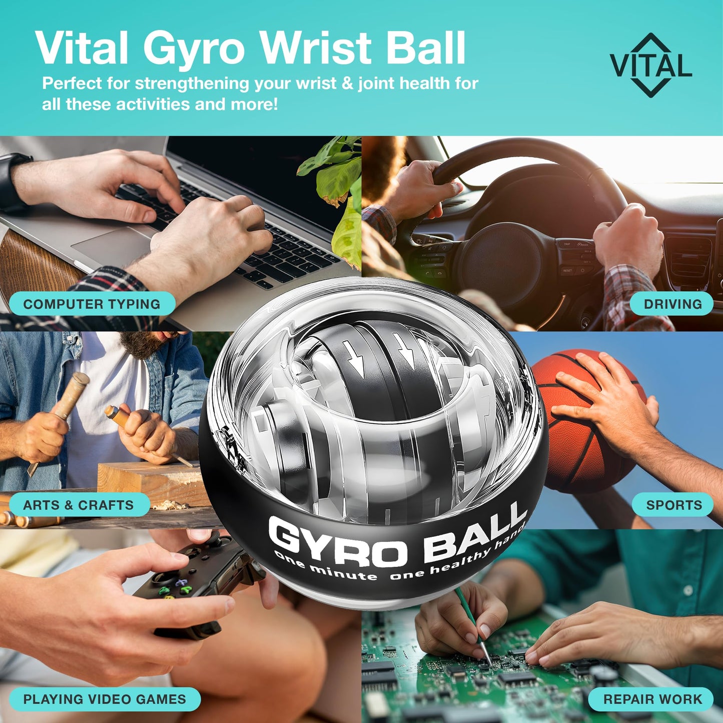Vital Wrist Ball Exerciser Gyro Ball Hand Exercise Balls Grip Strength Tester Zinc Rotor Gyroscopic Hand Grip Strength Baseball Training Equipment Wrist Exerciser Equipment Forearm Trainer