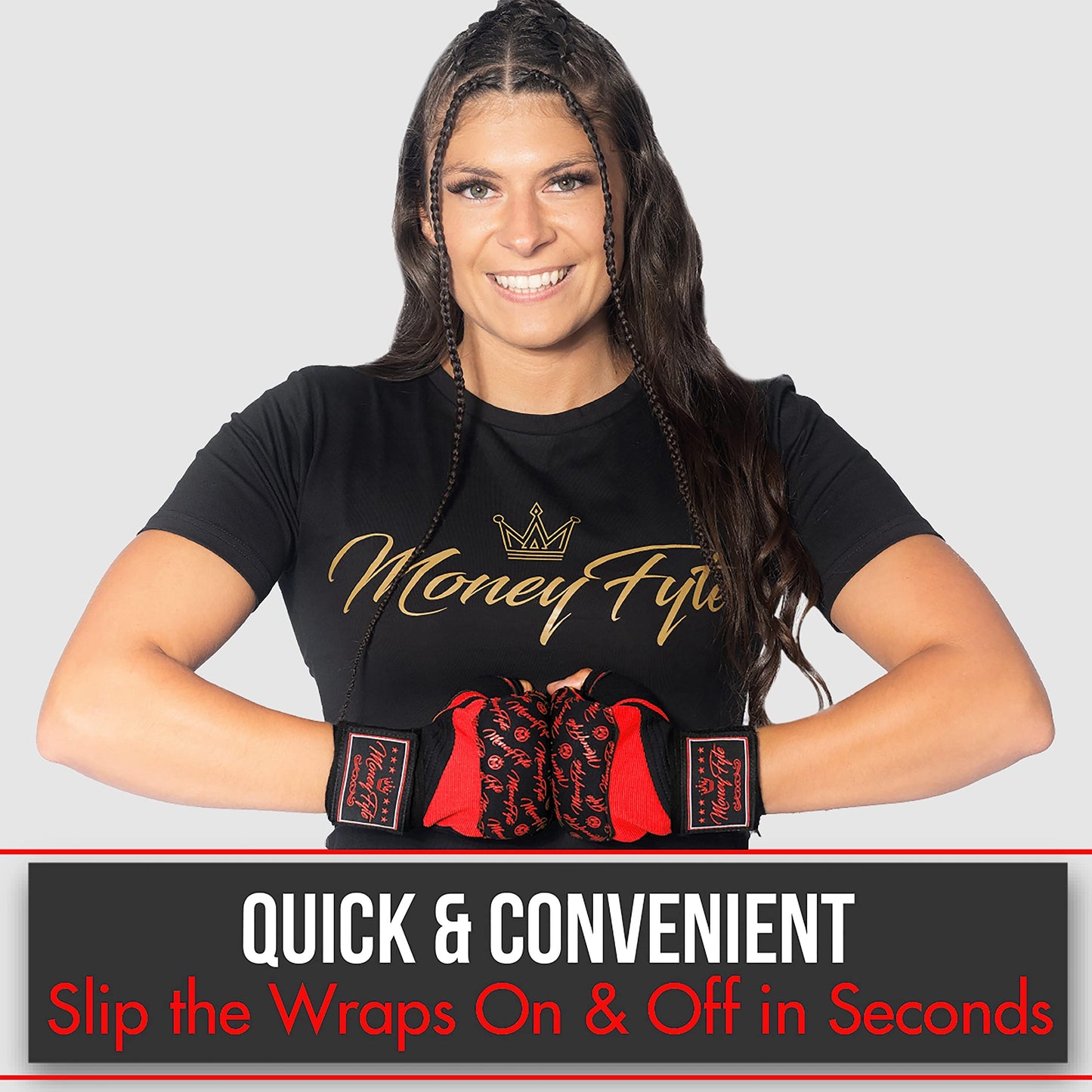 Quick Gel Boxing Wraps Under Boxing Gloves - Kickboxing MMA Muay Thai - Fist, Knuckle, Wrist Wrap Protection Inner Glove Hand Wraps - Men Women Kids - MoneyFyte (Black/Red, L/XL)