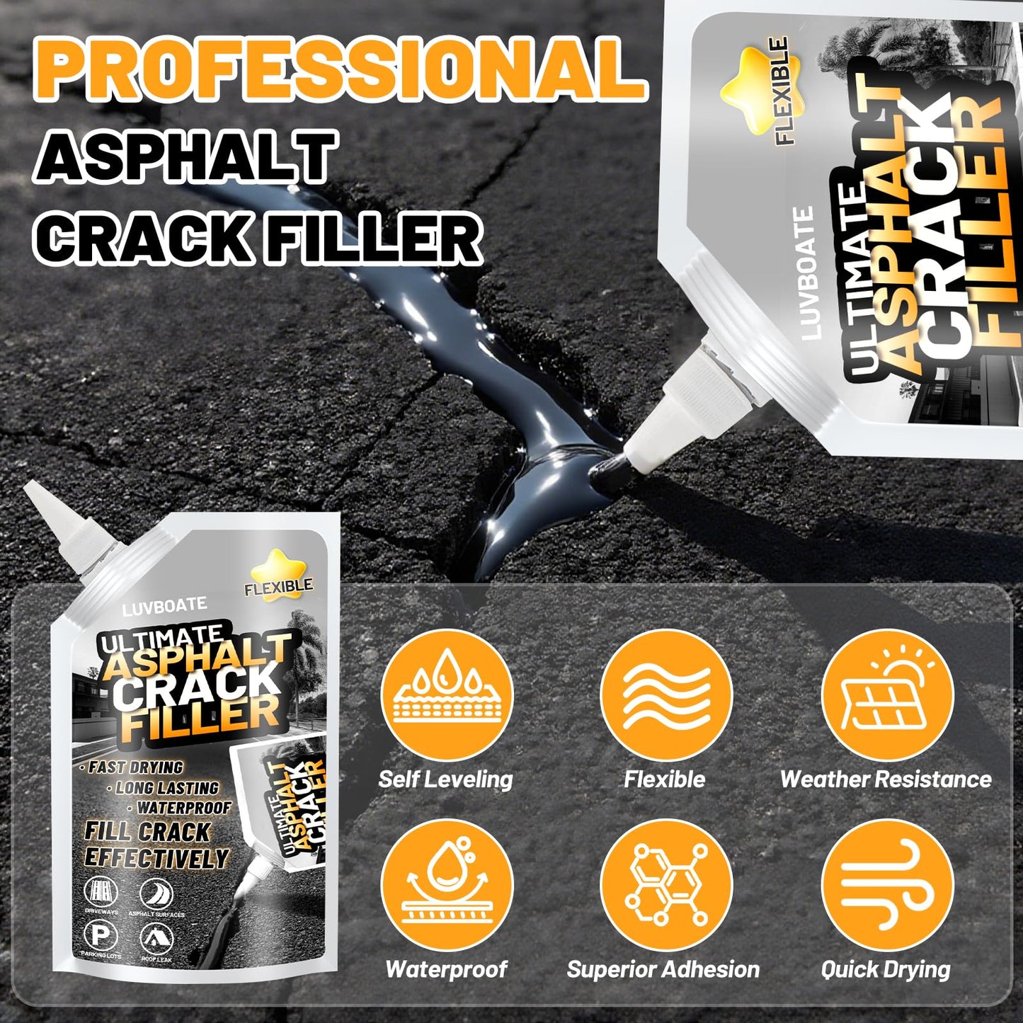 Asphalt Crack Filler, 4.5LB High Elasticity Driveway Crack Filler, Self Leveling Waterproof Repair Sealant for Driveway, Walkway, Road, Blacktop Concrete Joint, Indoor & Outdoor - Black (74oz)
