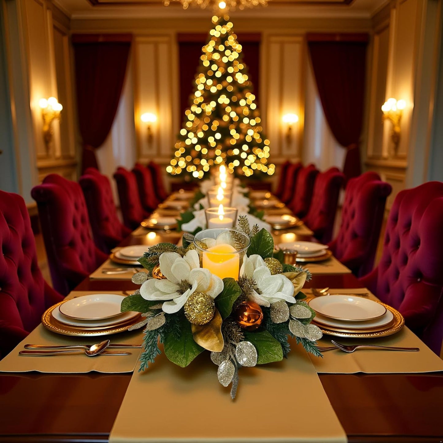 Skiennix 18" Centerpiece - Flameless LED Candle Holder with White Magnolia & Gold Baubles for Holiday Decor