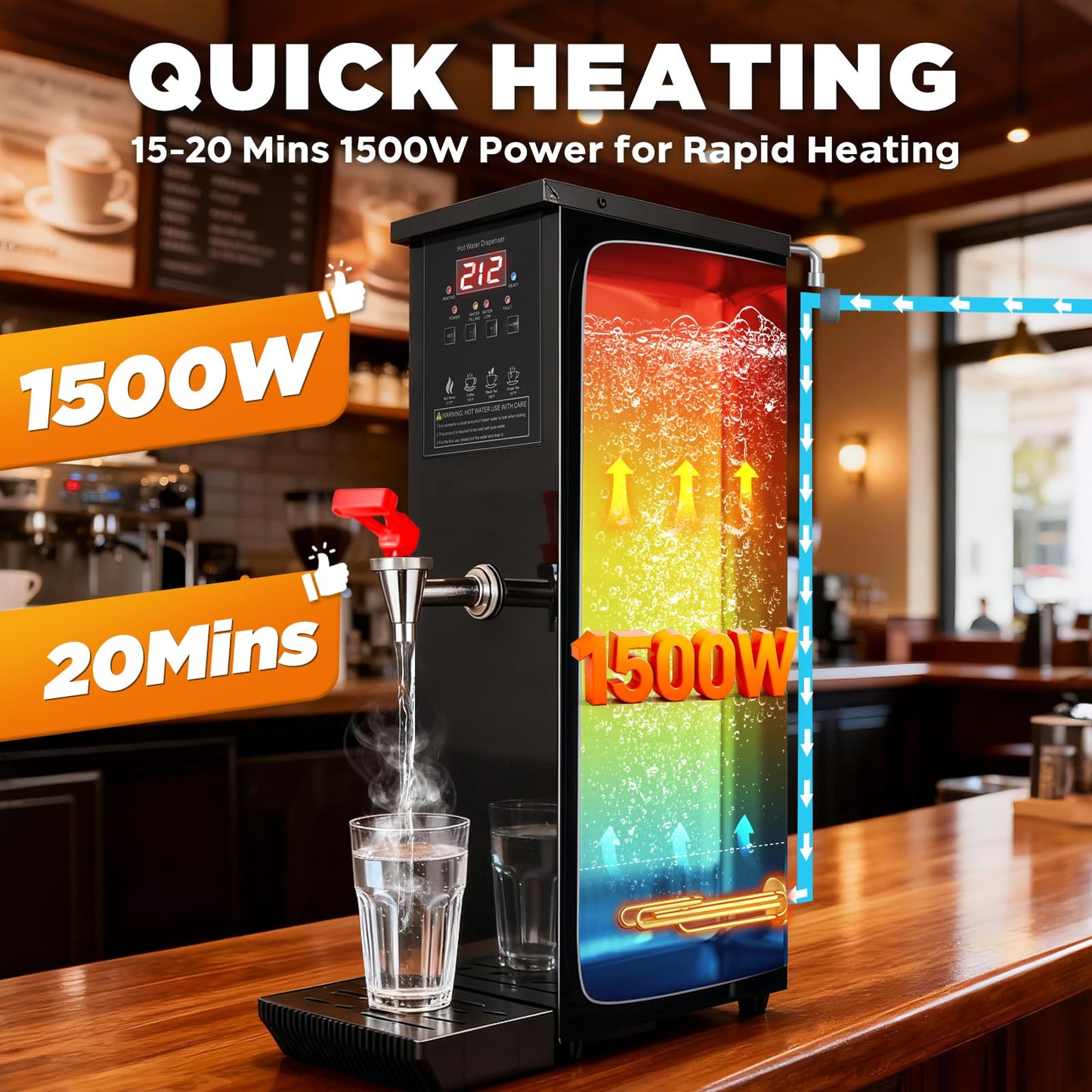 Commercial Hot Water Dispenser 30L/Hour Hot Water Boiler Countertop Auto-filling Water Hot Water Machine Step-heating 104-212°F Adjustable for Boba Tea Office Restaurant Hotel Black 1500W