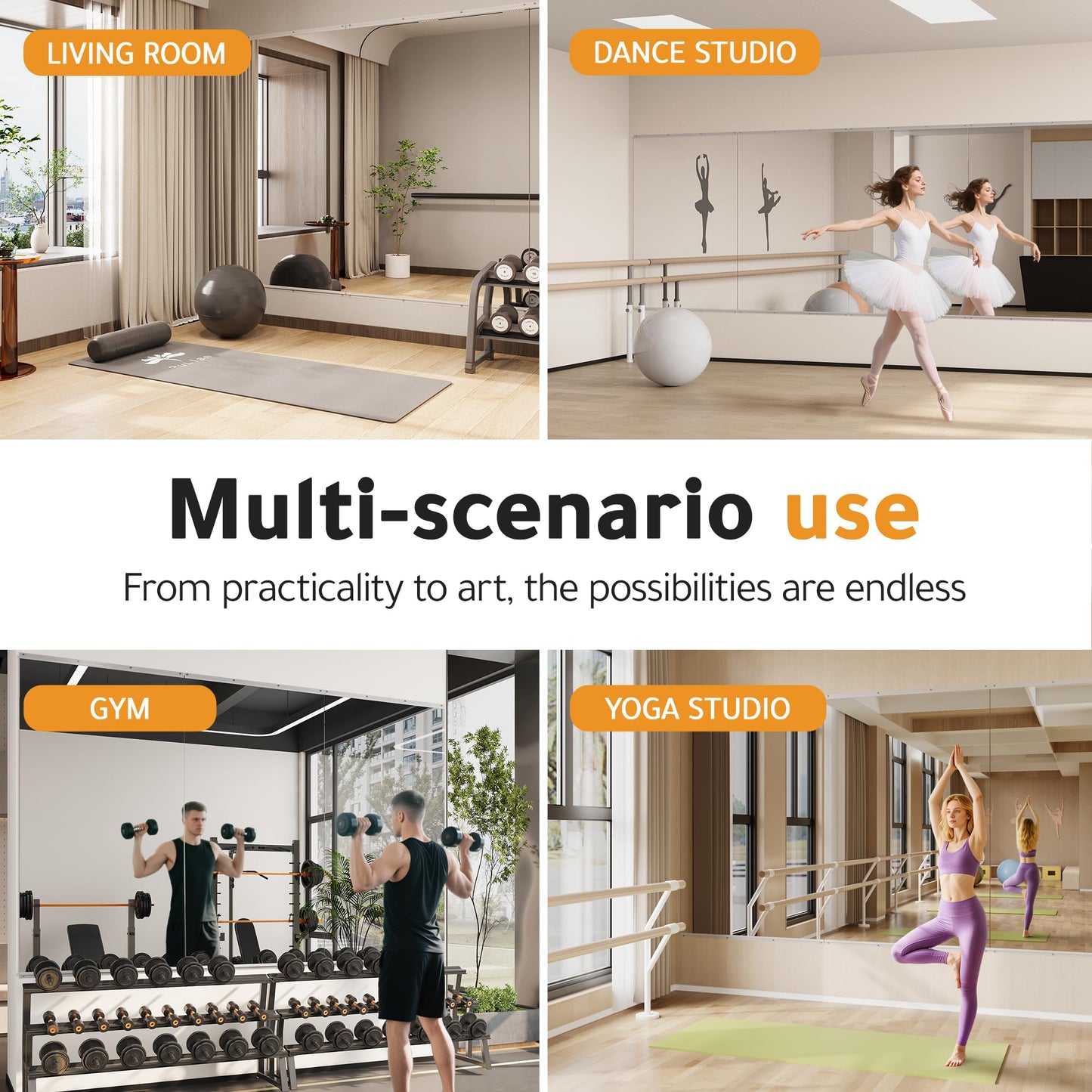 ROOMTEC Home Gym Mirror, 72"x 48"-1 PCS Frameless Gym Mirrors for Home Gym, Large Full Body Tempered Glass Wall Mounted Mirror for Yoga Room, Dance Studio, Workout Room