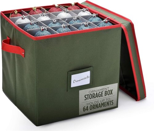 Handy Laundry Christmas Ornament Storage Box - Holds Up to 64 Ornaments | Adjustable Dividers & Two Handles - Keeps Holiday Decorations Clean & Dry (Green)