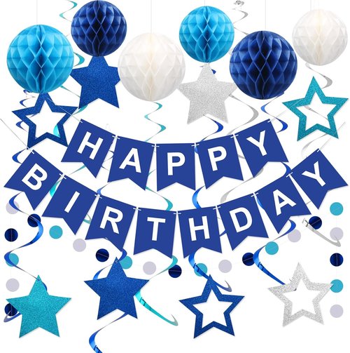 Meowtastic Birthday Decorations - Happy Birthday Banner with Honeycomb Balls & Stars | Blue Party Decor