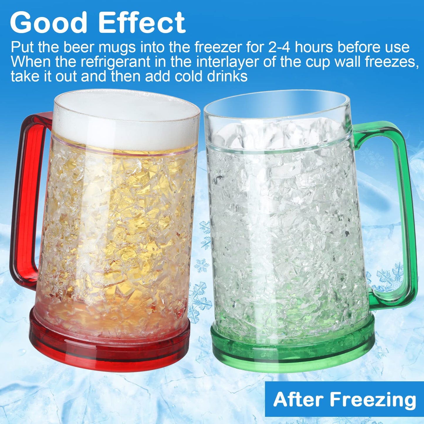Eccliy 4 Pcs Beer Mugs for Freezer with Gel, 16 oz Double Wall Insulated Plastic Beer Glasses Cups with Handles, Frozen Ice Mugs for Drinks BBQ Men Summer Pool Game Parties