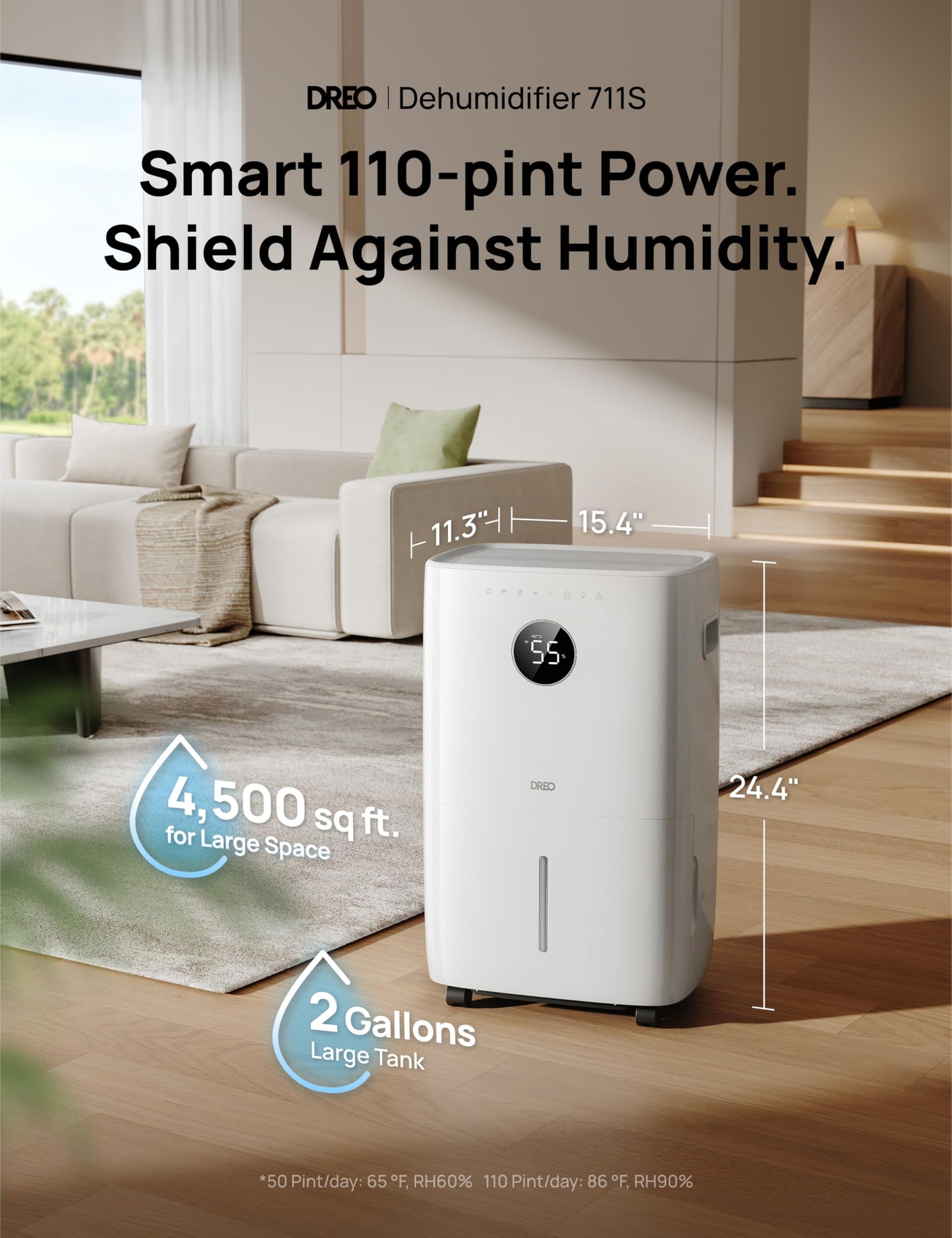 DREO 110-Pint Smart Dehumidifier for Basement, 4500 Ft² for Large Room, 2 Gallon Water Tank, Auto/Comfort/Constant Mode Dehumidifiers for Home, Bedroom, Bathroom, with Drain Hose, White, 711S