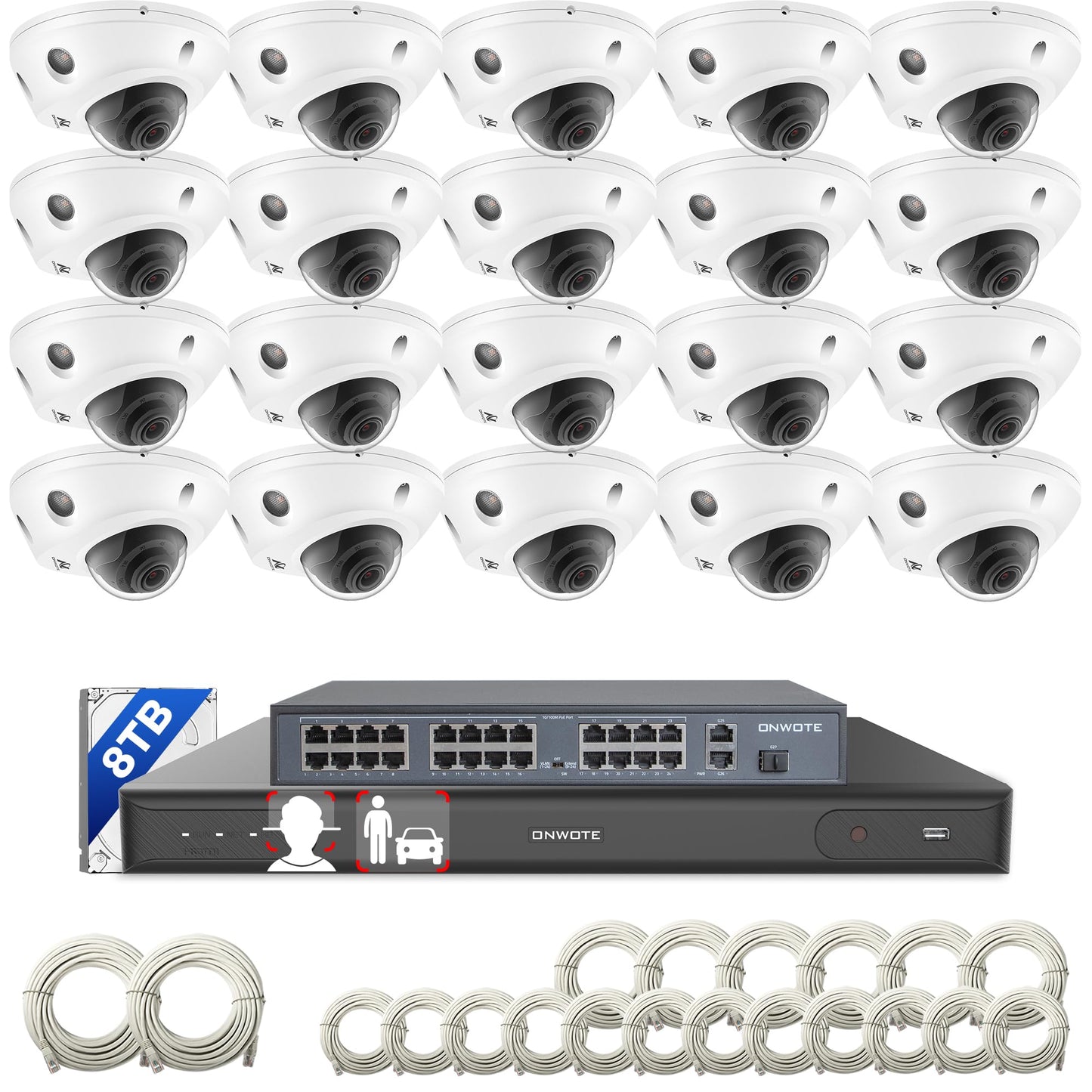 ONWOTE Face Recognition& AcuSearch, 2 Way Audio, 20 Cables-1860ft, 12MP NVR 32 Channel Security Camera System, 20x 4K 8MP Vandal-Proof PoE IP Cameras, 32CH 6K Commercial NVR 8TB, 4 HDD Support 40TB