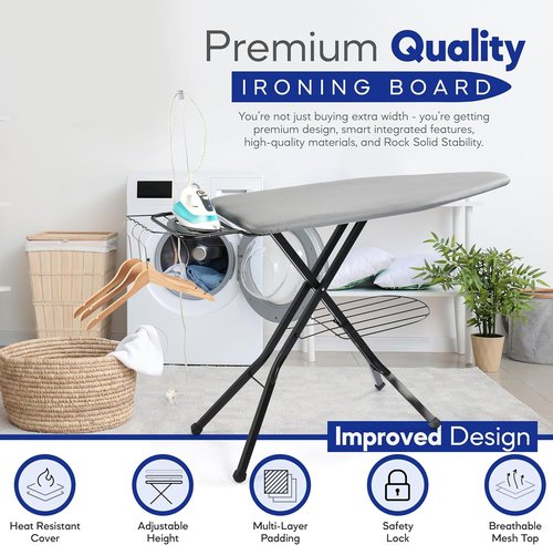 BKTD Extra-Wide Ironing Board - 48" x 18" Large Surface with Built-In Clothes Rack & Adjustable Height - Black Grey