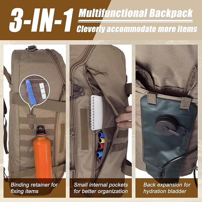65L Large Travel Gym Duffle Bag Military Tactical Backpack, Army Pack 3 Day Bug Out Bag Rucksack for Outdoor Sport Hiking Camping with Molle System, Coyote