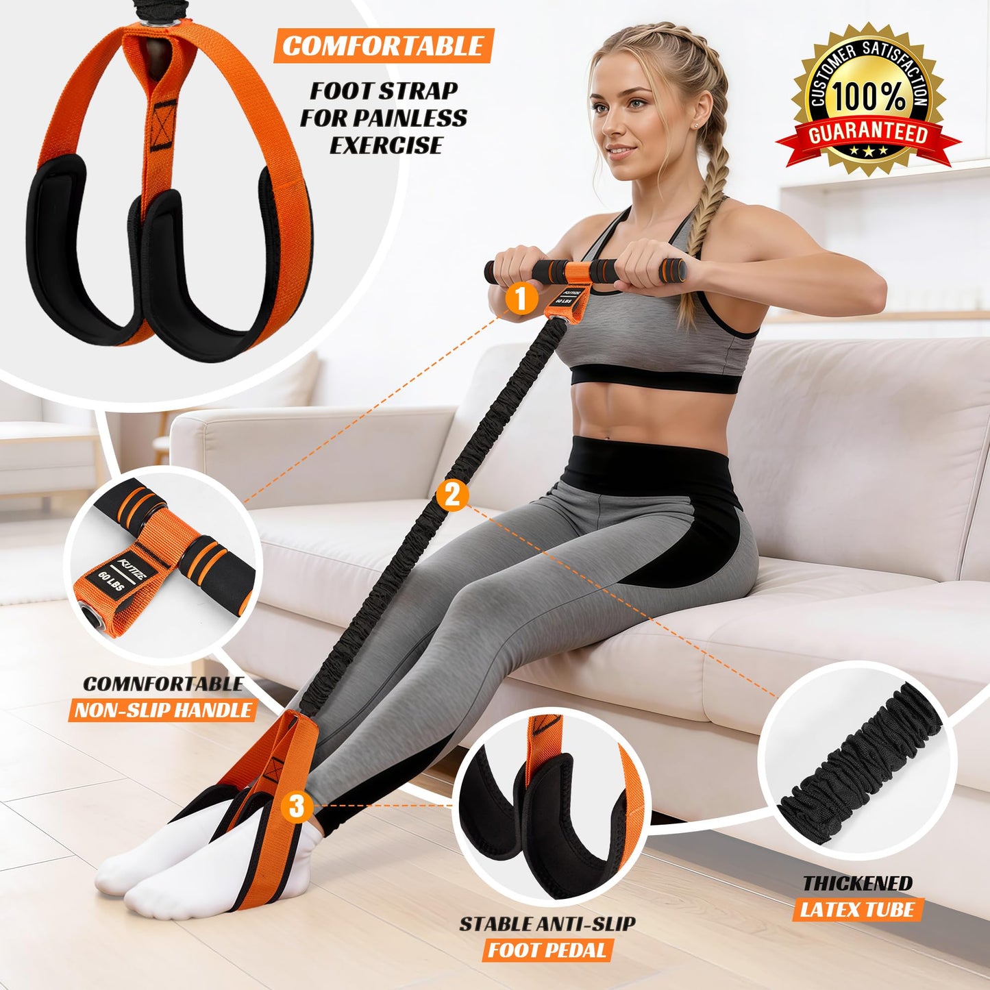 KUTIZE Multifunction Pedal Resistance Band with Handle, Upgraded Exercise Equipment with Soft Foot Pedal for Sit Up & Full-Body Home Gym Workouts, Core/ABS Training, Pilates, Yoga & Physical Therapy