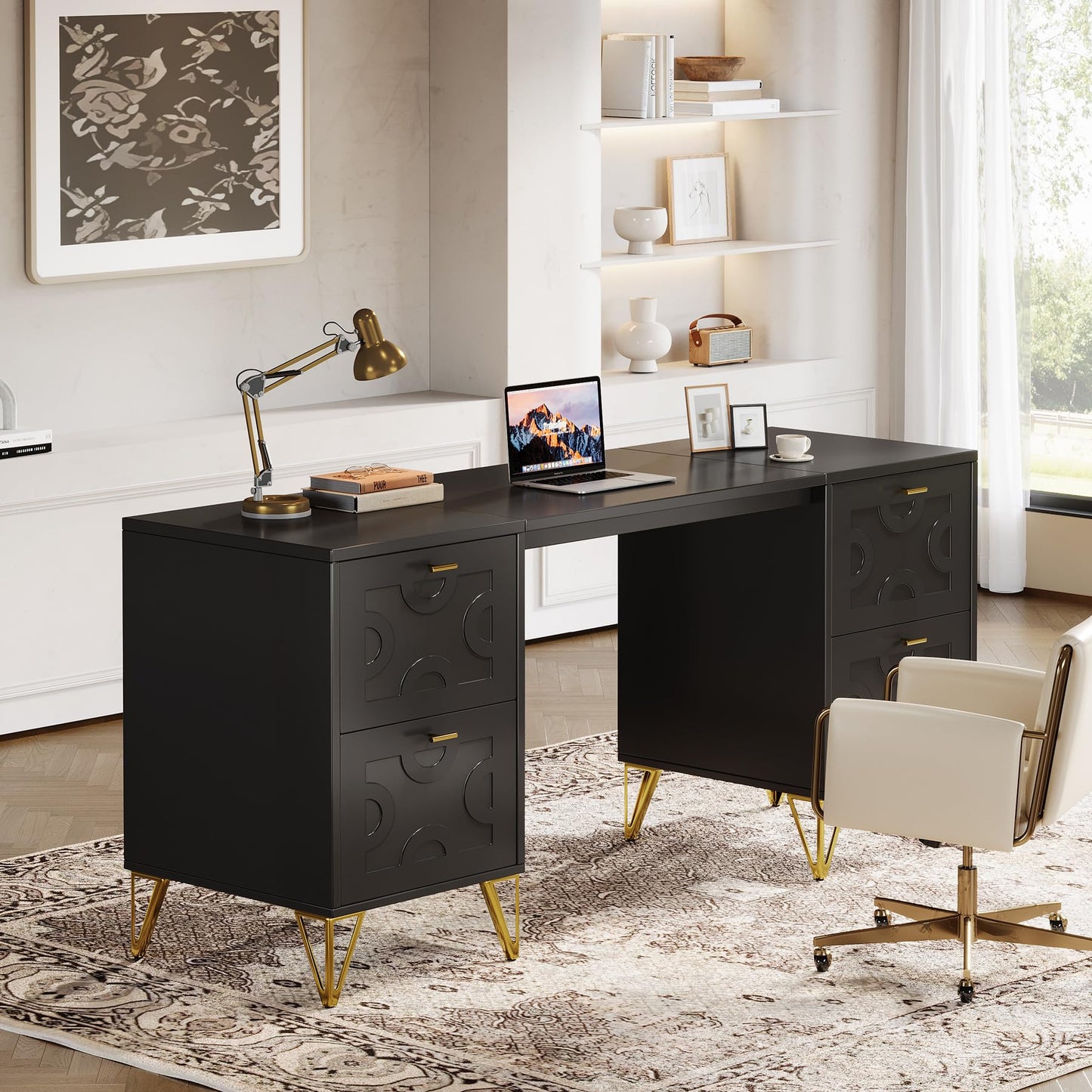 Tribesigns 59-Inch Black Executive Computer Desk with 4 File Drawers Storage, Modern Writing Table, Luxury Desk with Gold Legs for Home Office
