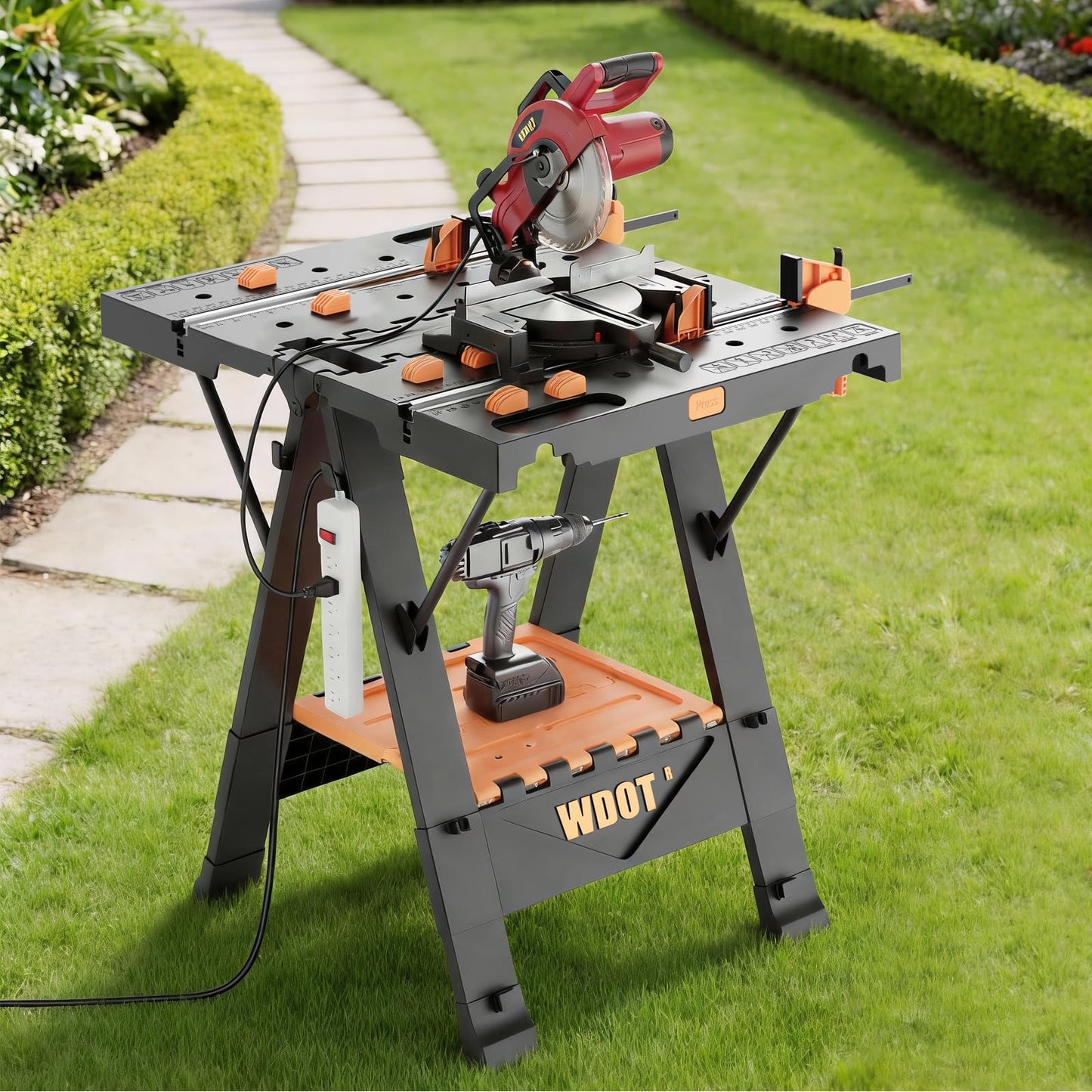 WDOT 2-in-1 Folding Work Bench & Sawhorse, Easy Setup Portable Work Table, 31" W x 25" D x 32" H, Laser-Engraved Scale,Lightweight Worktable with Large Load Capacity, 2 Clamps & 6 Bench Dogs