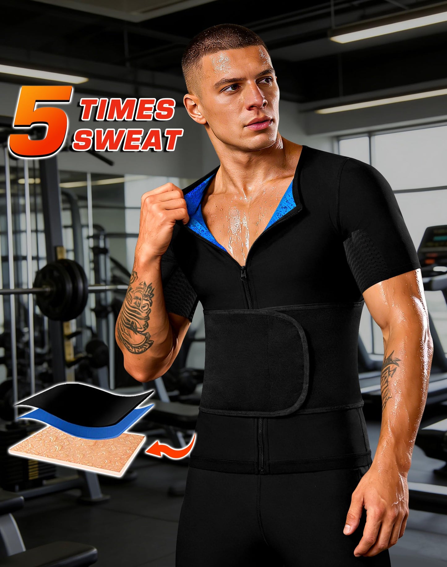 DYUAI Sauna Shirt for Men Sweat Suit Heat Trapping Short Sleeve Workout Shapewear,Adjustable Waist Belt,Breathable Armpit(6020-01-XL)