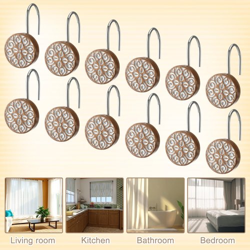 BreezeHug 12pcs Boho Shower Curtain Hooks Decorative Shower Curtain Hangers for Bathroom Rod Resin Round Rings with Brown Floral Pattern, Waterproof