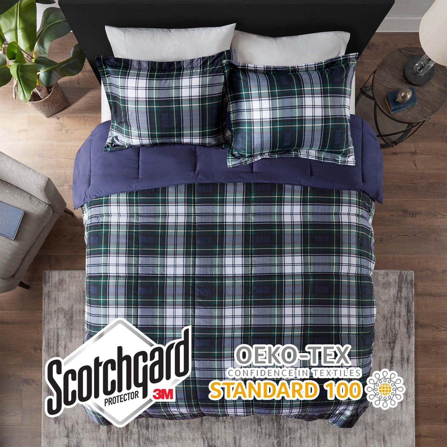 Madison Park Essentials Parkston Plaid Comforter Set Soft Brushed Microfiber College Bedding, 3M Scotchguard Stain Release Cover, Modern All Season Cabin Bedding, Full/Queen, Navy, 3 Piece