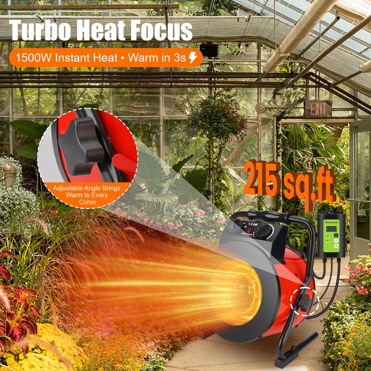 Greenhouse Heater with Thermostat, Outdoor Heaters for Patio, Fast Heating, Overheat Protection, Electric Space Heaters for Winter Plants, Grow Tent, Green House, Flower Room, Garage, Patio