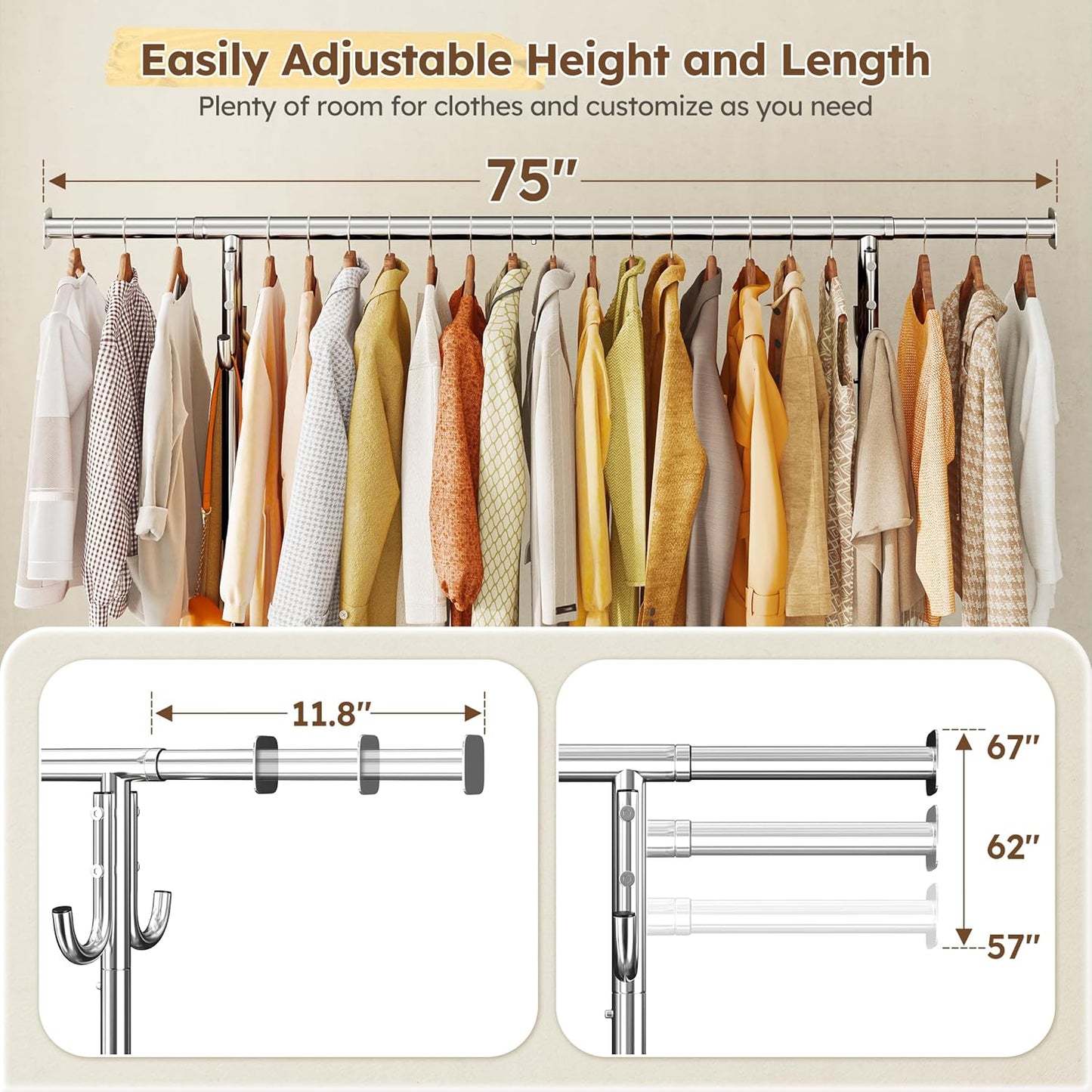 Raybee Heavy Duty Clothes Rack - 75" Extra Wide, 450 LBS Capacity, Lockable Wheels & 4 Hooks