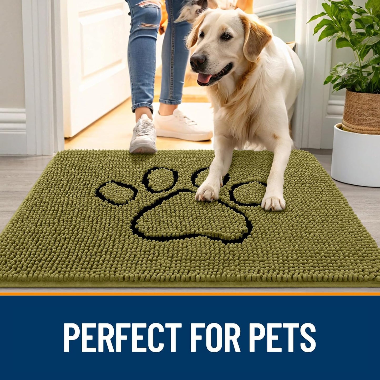 OLANLY Dog Door Mat - Absorbent Muddy Paws Doormat | Non-Slip Chenille, 30x20, Willow Green