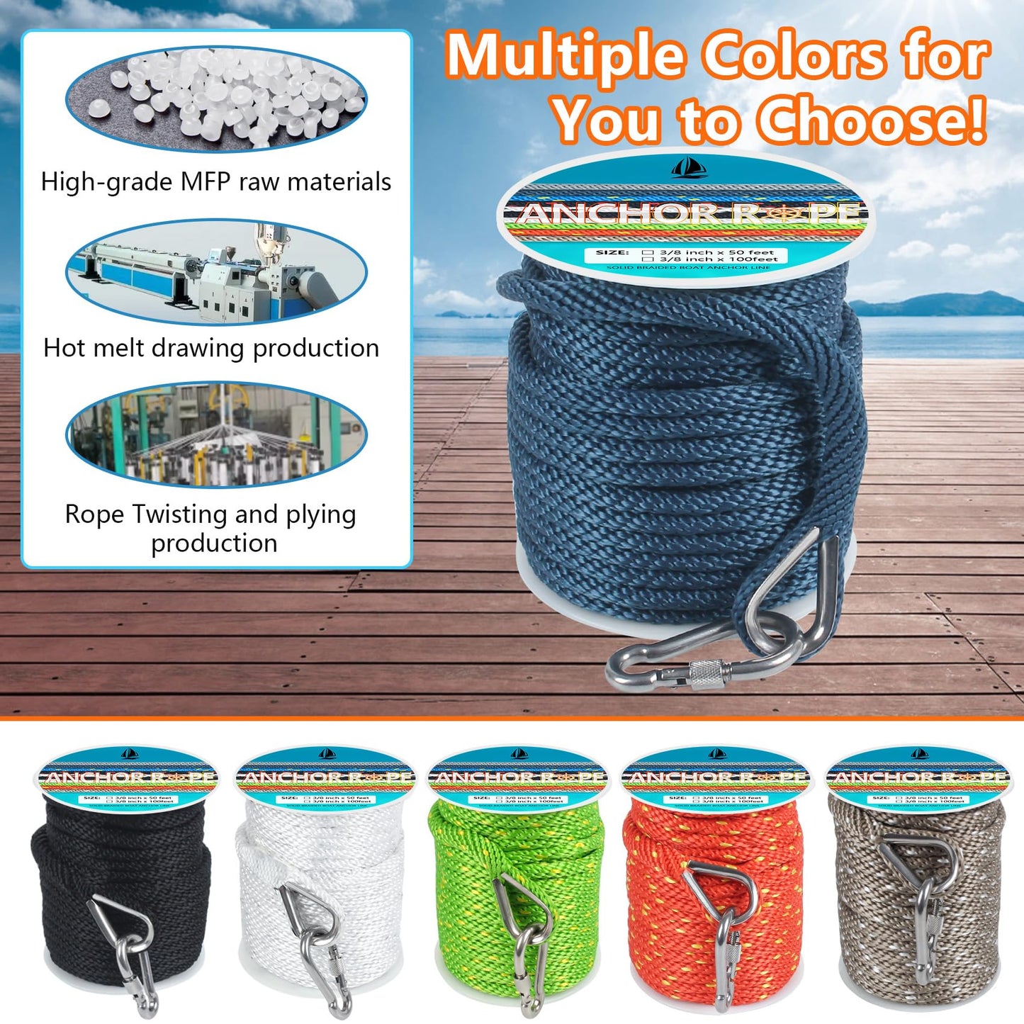 3/8 Inch 50 FT Anchor Rope, Boat Anchor Rope Solid Braid MFP, Anchor Line with 316 Stainless Steel Thimble and Snap Hook - Navy Blue