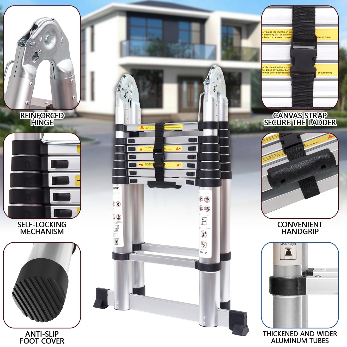 16.5 FT A-Frame Telescoping Ladder,8+8 Step Ladder,330LBs Load Capacity,Portable Extension Ladder Multi-Purpose Collapsible for Stairs Home Indoor Outdoor Roof (Silver, 5M(2.5m+2.5m)/16.5FT A Frame)