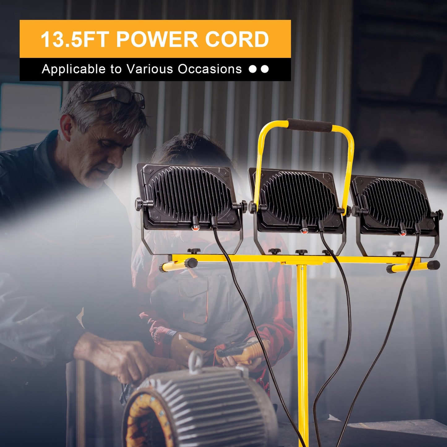 30000 Lumen Work Lights with Stand, 300W Three Head LED Work Light, Waterproof Lamp with Individual Switch, Adjustable Metal Telescoping Tripod（2 Pack）