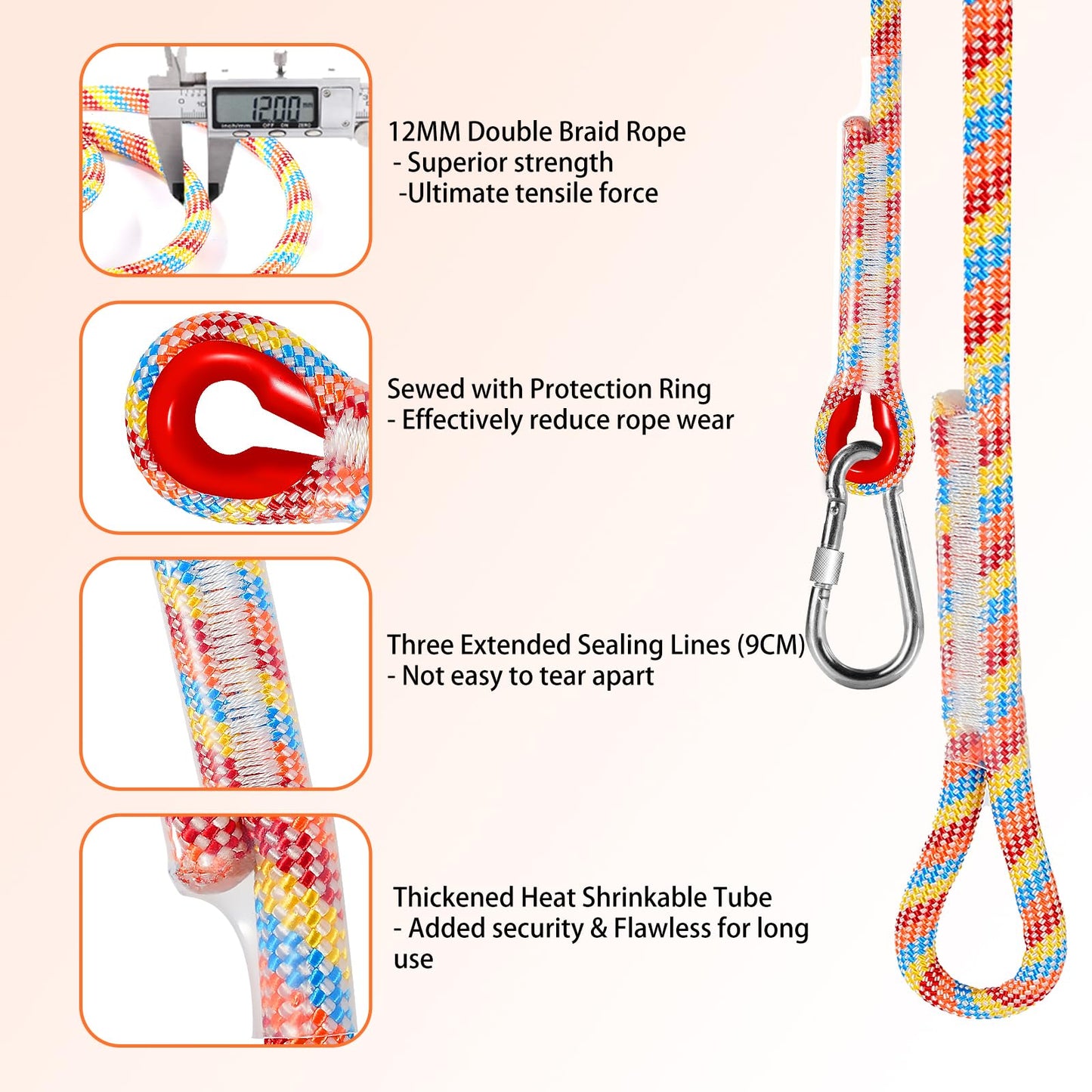 Werfeito Tree Swing Ropes (Set of 2), 3FT/5FT/10FT/15FT/20FT, Tree Swing Straps Hanging Kit Holds 4400 lbs, Heavy Duty Carabiners for All Swing Hammock Playground Set Accessories (3 FT)