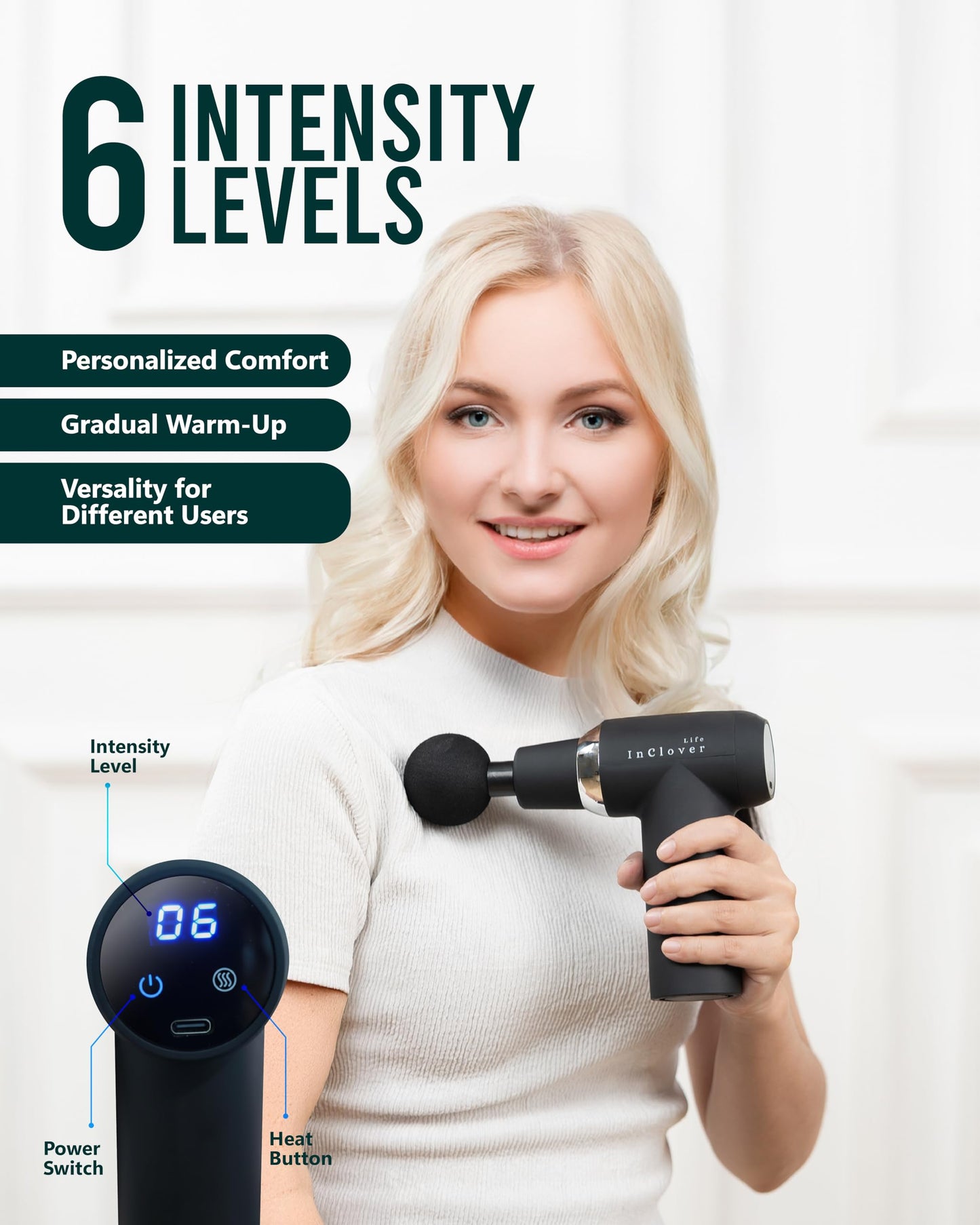 InClover Life Massage Gun with Detachable Extension Handle for Deep Tissue Muscle Massage – Handheld Back & Shoulder Percussion Heated Massager for Men & Women. Professional Pain Relief Massage Tool.